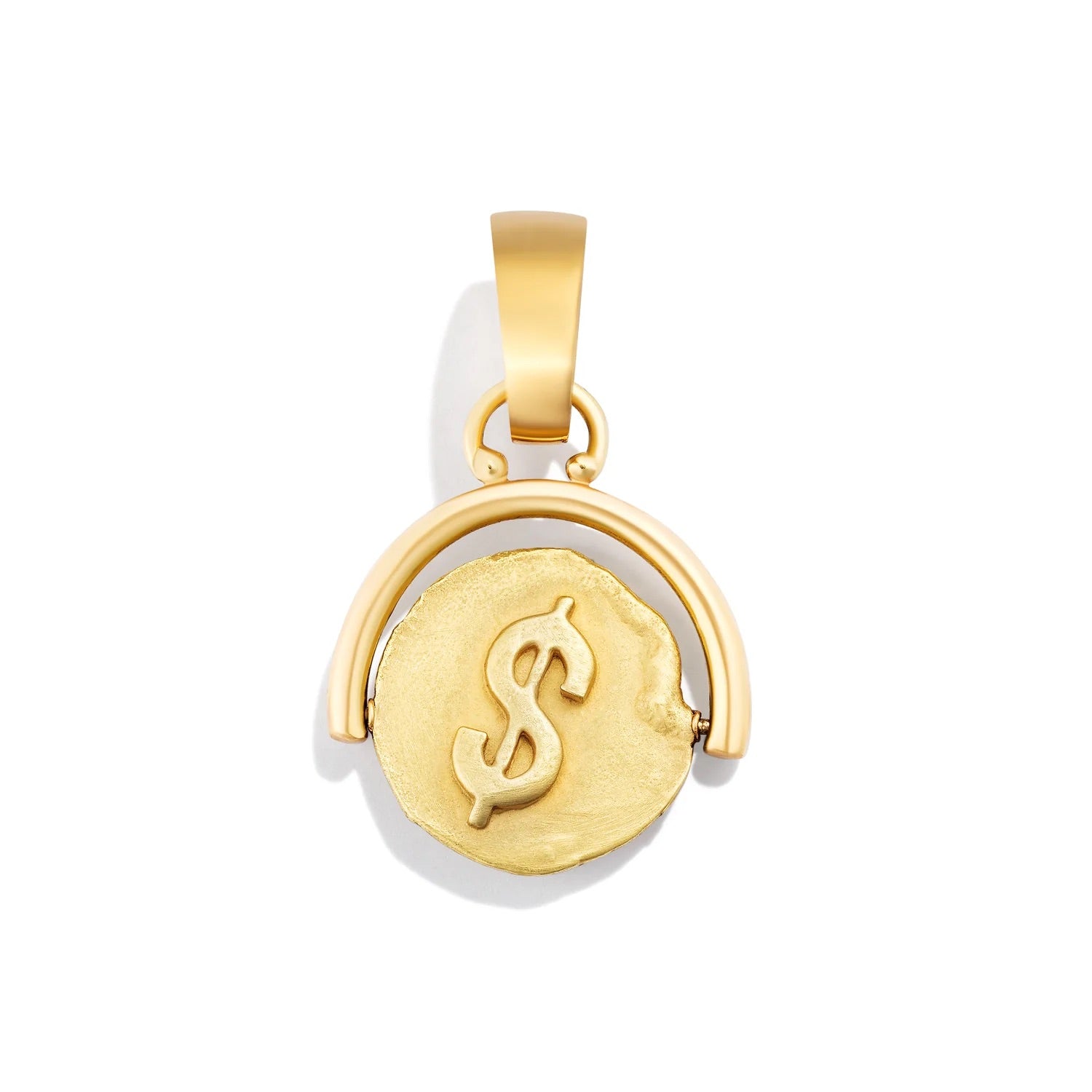 Gold pendant with a dollar sign on a white background