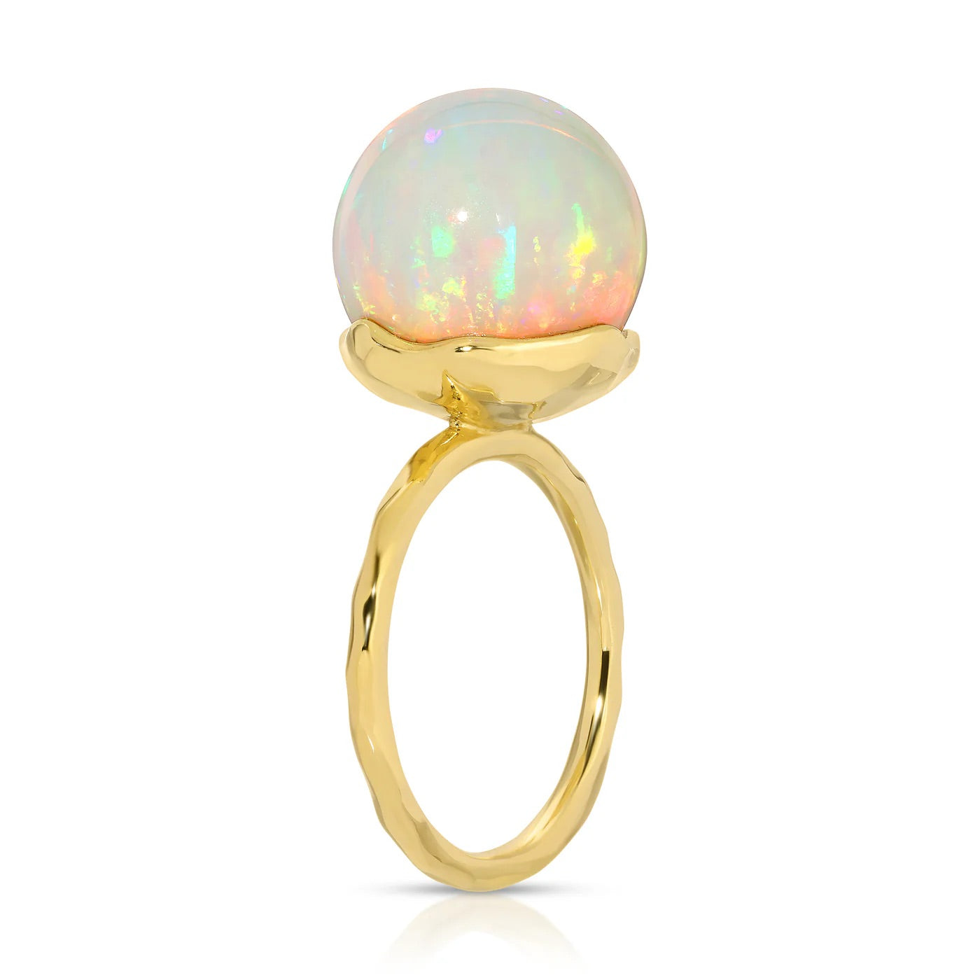 Gold ring with a colorful opal gemstone on a white background
