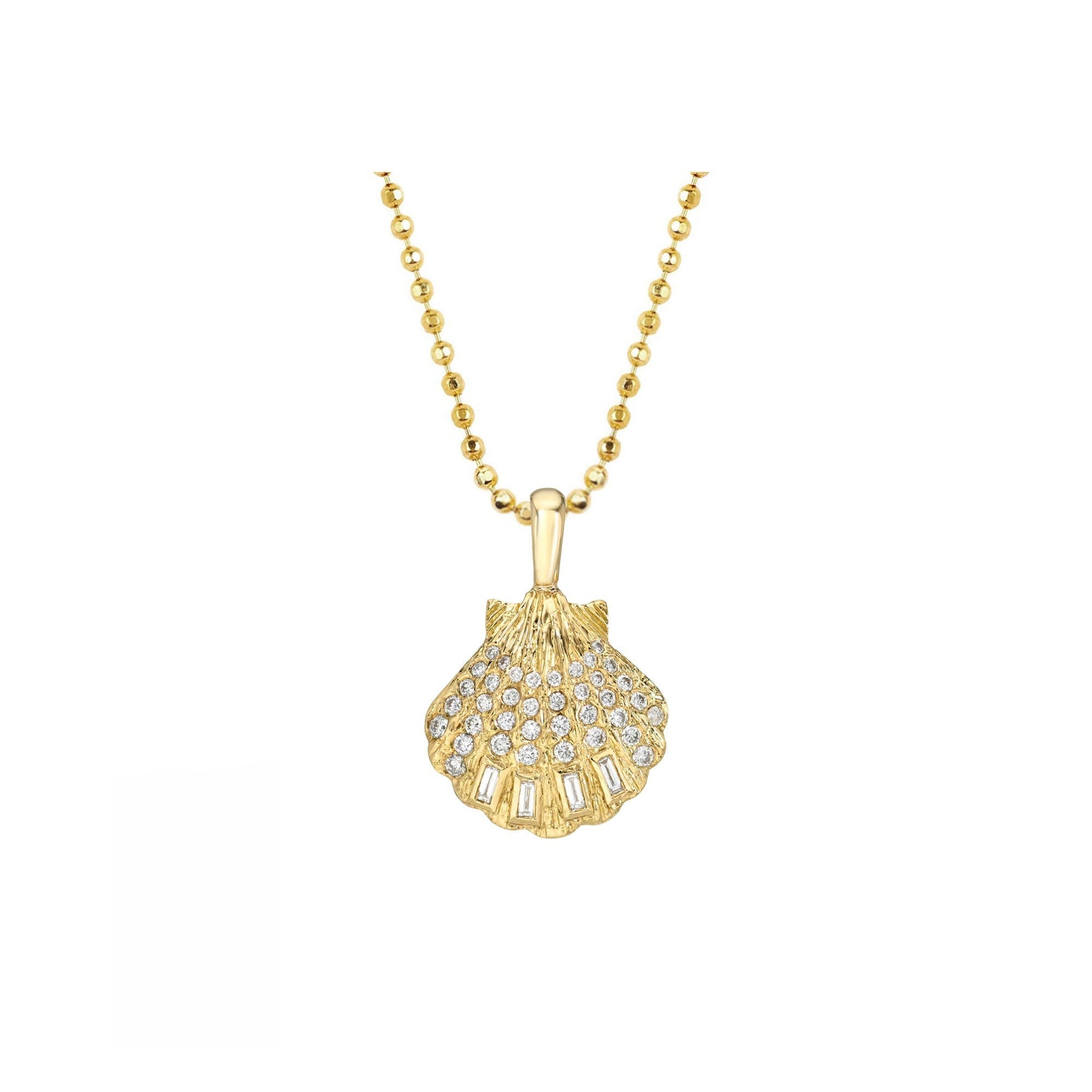 Gold necklace with a shell pendant on a white background