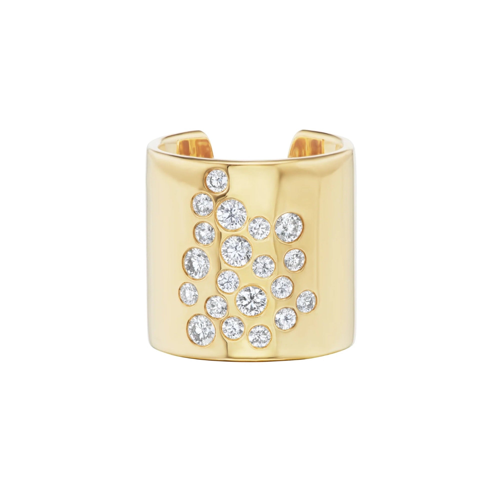 Gold cuff bracelet with embedded diamonds on a white background