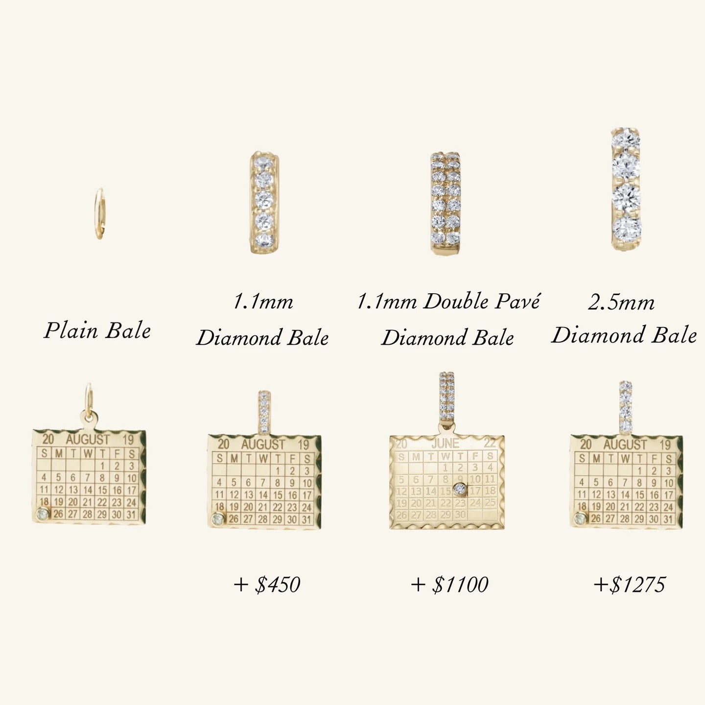 Collection of gold jewelry with diamond accents and price labels on a white background