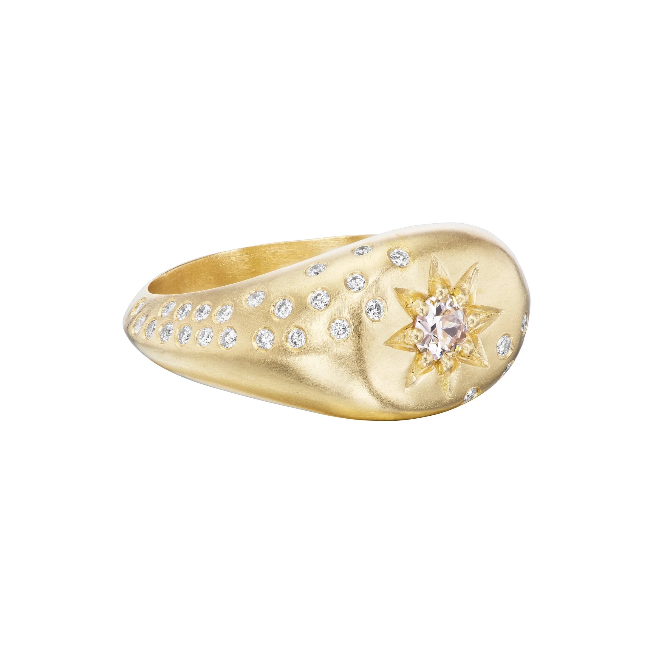 Side profile of Victorian Star diamond signet ring with scattered diamond accents