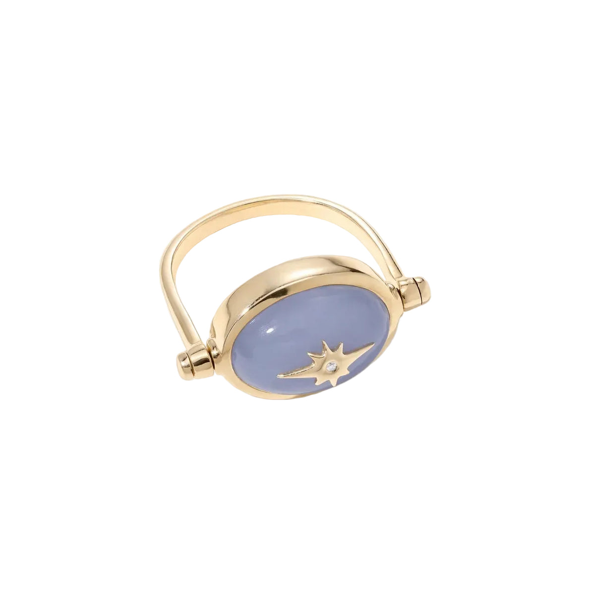 Gold ring with a blue stone and star design on a white background