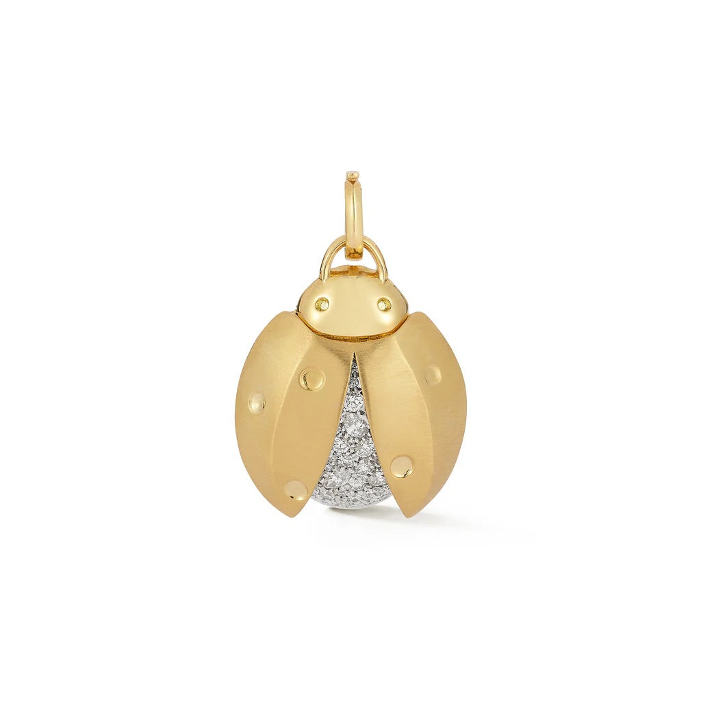 Gold pendant shaped like a ladybug with a diamond body on a white background