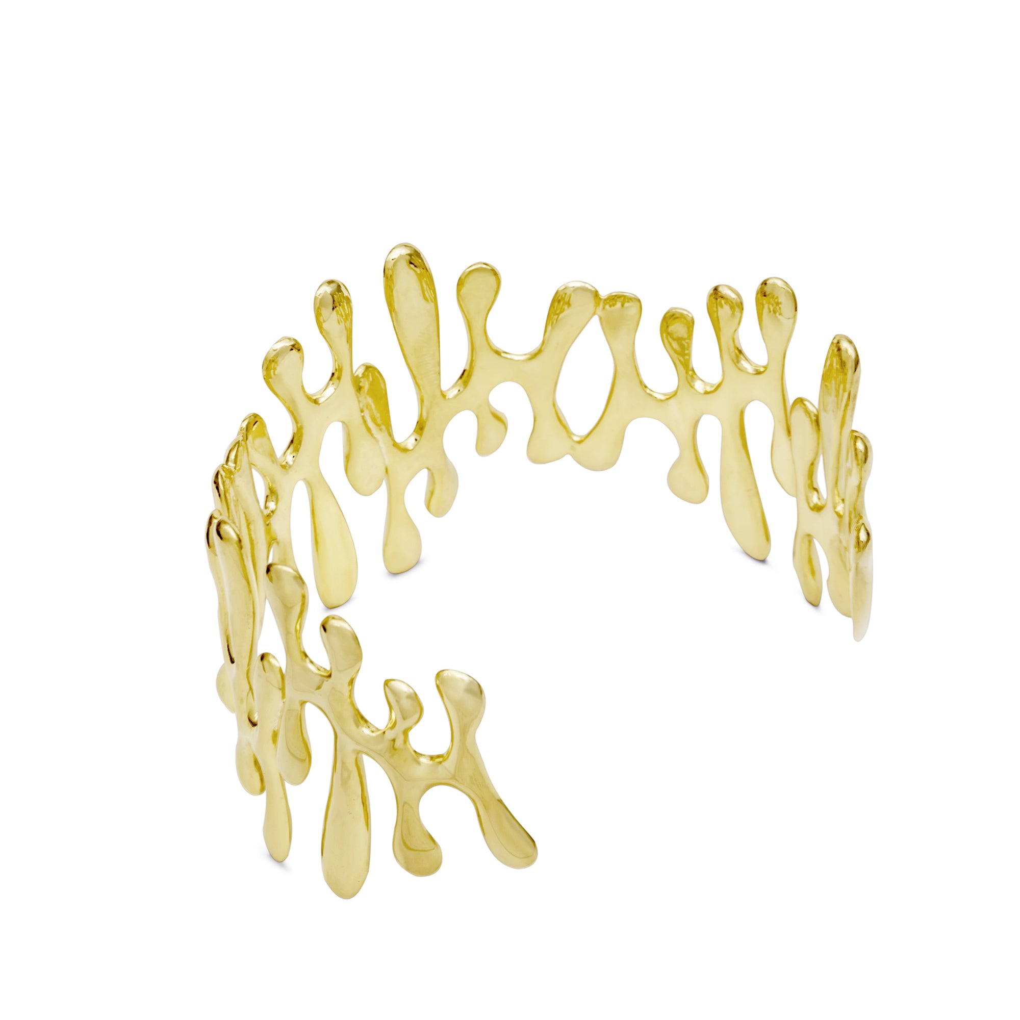Gold bracelet with a unique, open design on a white background